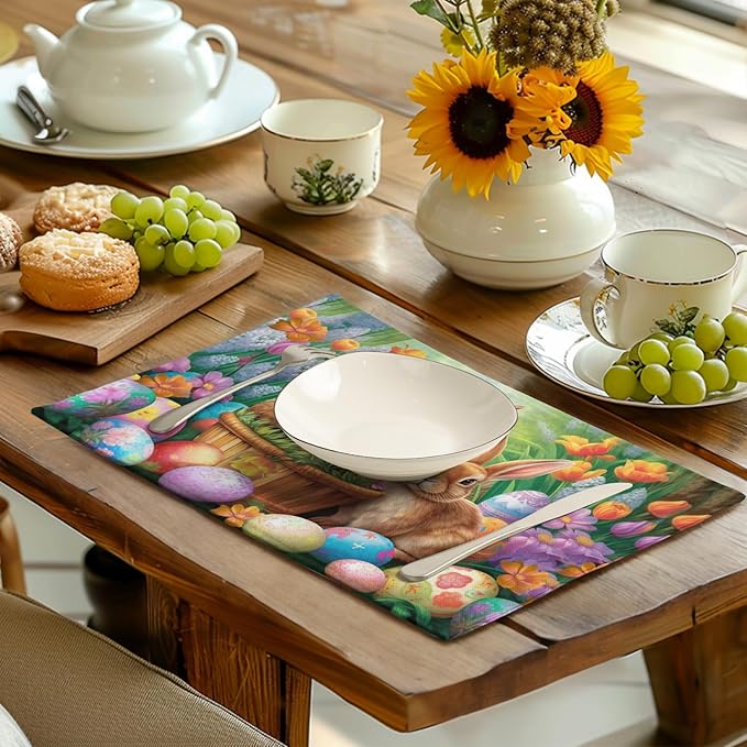 Easter Rabbits Eggs Placemats Set of 4 Easter Bunny Tulip Flowers Table Place Mats Seasonal Farmhouse Spring Holiday Table Mat for Party Kitchen Dining Outdoor Indoor Decor