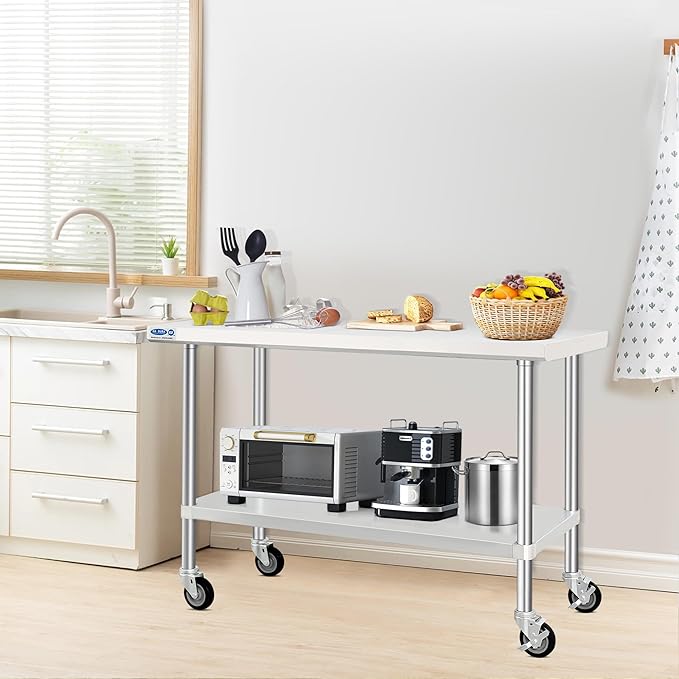HARDURA Stainless Steel Table with Wheels 24 x 60 Inches Kitchen Prep Table Heavy Duty Stainless Steel Workbench with Aluminium Corner Undershelf NSF 304 Metel Table for Commercial Restaurant