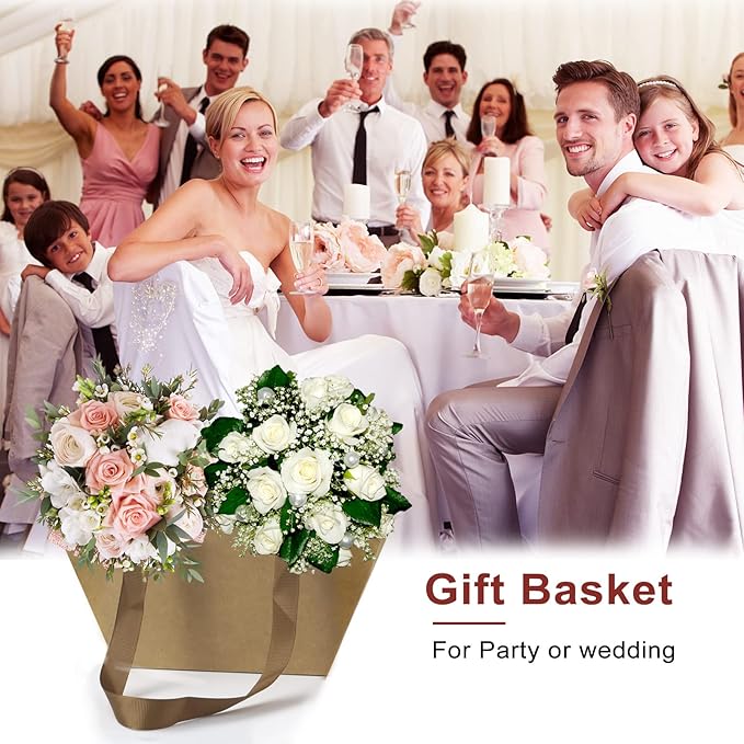 Bigger Baskets for Gifts Empty, 6 Pack Sturdy Kraft Basket With Handles Gift Basket Kit, 6 Shrink Wrap Bags, 6 Bows and Hang Tag, Empty Gift Baskets to Fill for Valentines Birthday Baby Shower