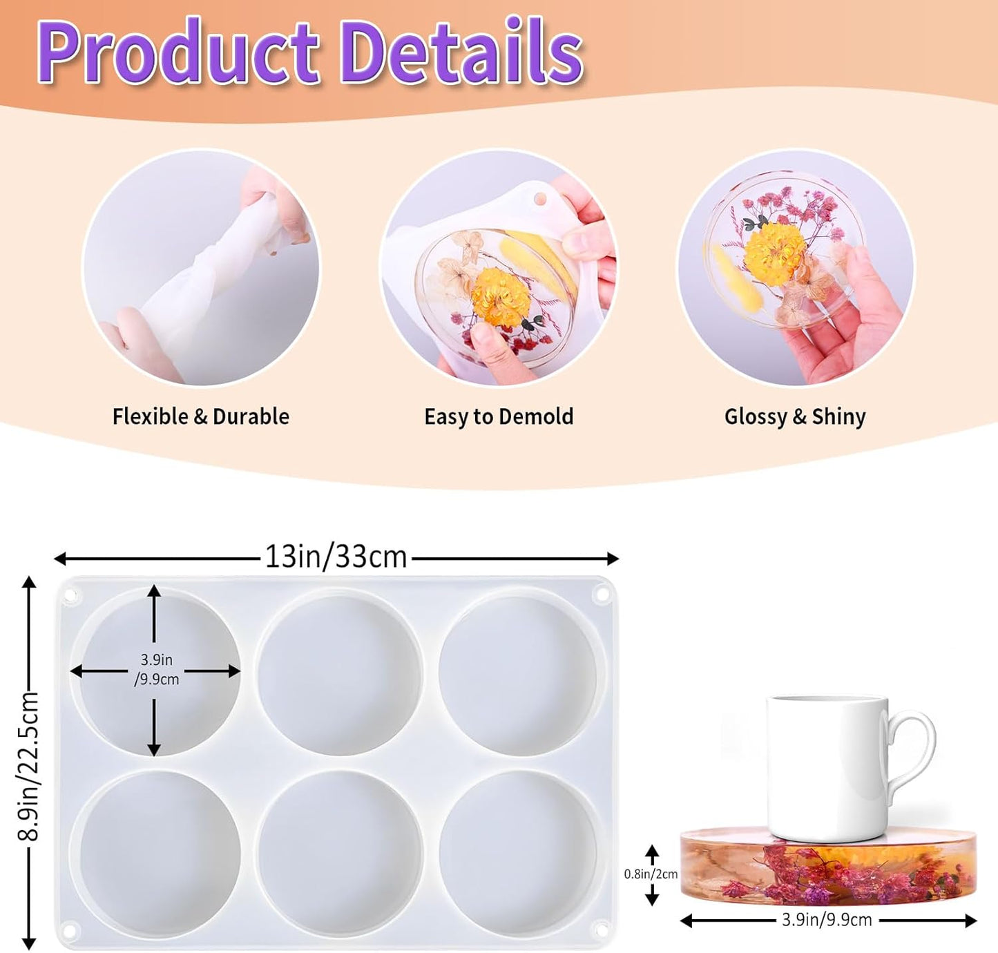 Resin Coaster Molds, 6-Cavity Silicone Coaster Molds for Epoxy Resin, Large DIY Deep Round Silicone Mold for Art Home Decoration