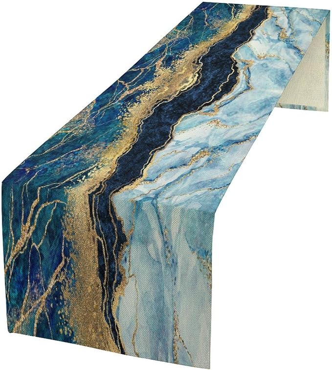 Marble Table Runner, Blue Texture Abstract Art Print Table Runner for Indoor Home Living Room Party Dining Kitchen 13x120in