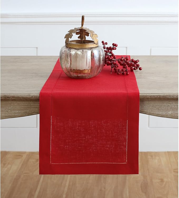 Solino Home Linen Red Table Runner 120 Inches Long - 100% Pure Linen 14 x 120 Inch Table Runner for Valentines, Winter - Classic Hemstitch