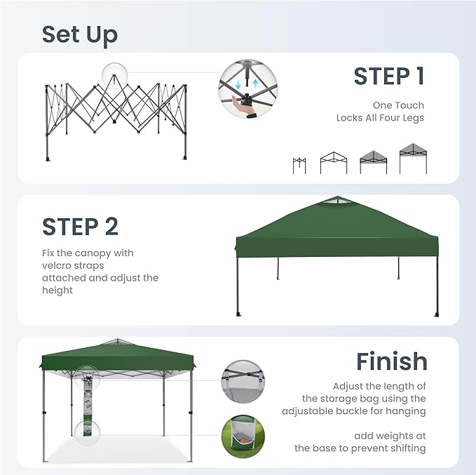 PHI VILLA 10x10ft 1-Person Setup Pop Up Canopy Tent Instant Portable Shelter w/ 1-Button Push, Case, 4 Weight Bags - Green