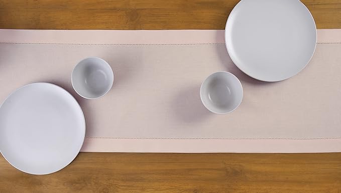 Solino Home Cotton Linen Pink Table Runner 120 Inches Long - Hemstitch 14 x 120 Inch Table Runner for Valentines, Spring, Easter