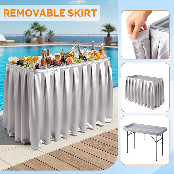 VINGLI 46" Extra LargeFolding Party Ice Cooler, Portable Tailgate Camp Fishing Cleaning Table, Plastic with Matching Skirt, Ice Table for Party, BBQ, Camping, Picnic (Grey)