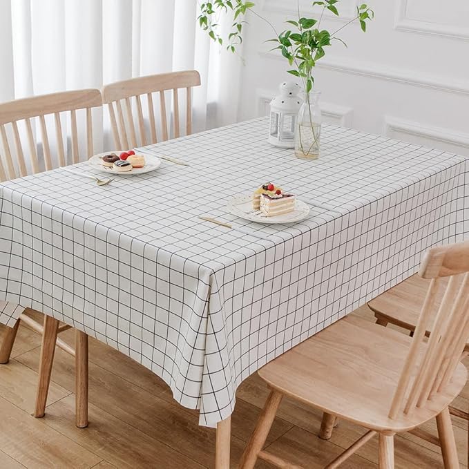 TruDelve Heavy Duty Vinyl Table Cloth Plastic Tablecloths for Kitchen Dining Tables Wipeable PVC Waterproof Tablecloth for Rectangle Table (54'' x 72', White Plaid)