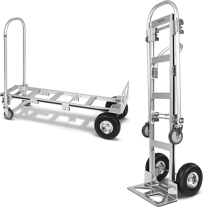 Vergo Industrial Convertible Hand Truck - AS7B Heavy Duty Aluminum 2 in 1 Dolly (800 lb Capacity) Lightweight Reinforced Frame, Ergonomic Handle, Superior Mobility Moving Dolly (2 Positions, 63" High)