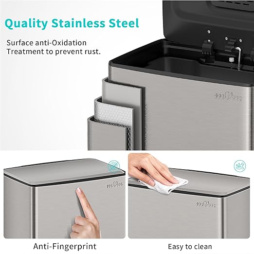 mVm Kitchen Trash Can, 40Liter / 10.6 Gal Brushed Stainless Steel Trash Can With Lid And Foot-Pedal, Soft-Close, Odor Control,Anti-Fingerprint,Garbage Can For Kitchen,Living Room,Office(Metallic Gray)