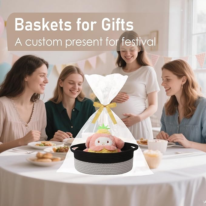 Woven Basket,Small Rope Storage Bin with Handles & Ribbon Bag, Organizer for Shelves Closets,Gift Basket Empty for Birthday,Books,Dog Toys, Black&Grey/3 Pack