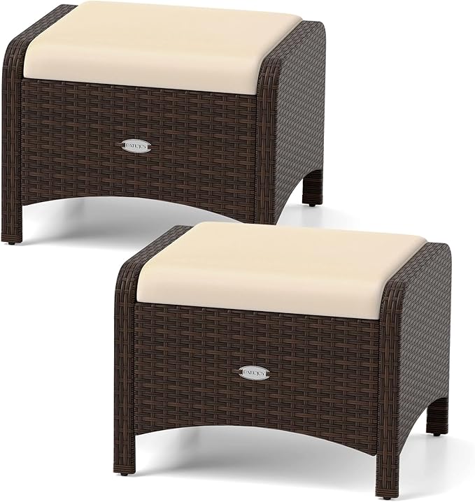 Tangkula 2 Pieces Outdoor Patio PE Wicker Ottomans with Removable Cushions, Outdoor Furniture for Additional Seating, Footrest and Side Table, Outdoor Footstools for Porch, Garden and Backyard