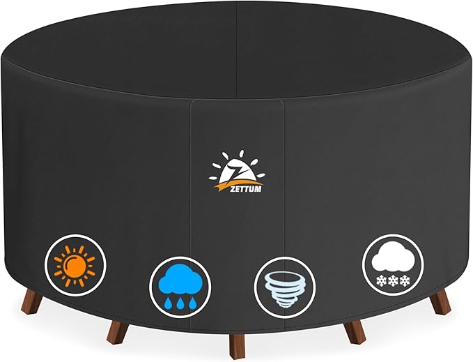 Zettum Round Patio Table Cover 62 Inch - 600D Outdoor Furniture Cover Round Waterproof & Heavy Duty, Lawn Furniture Set Covers for Outside Dining Table and Chairs Seating Combo - 62 x 62 x 28 Inch