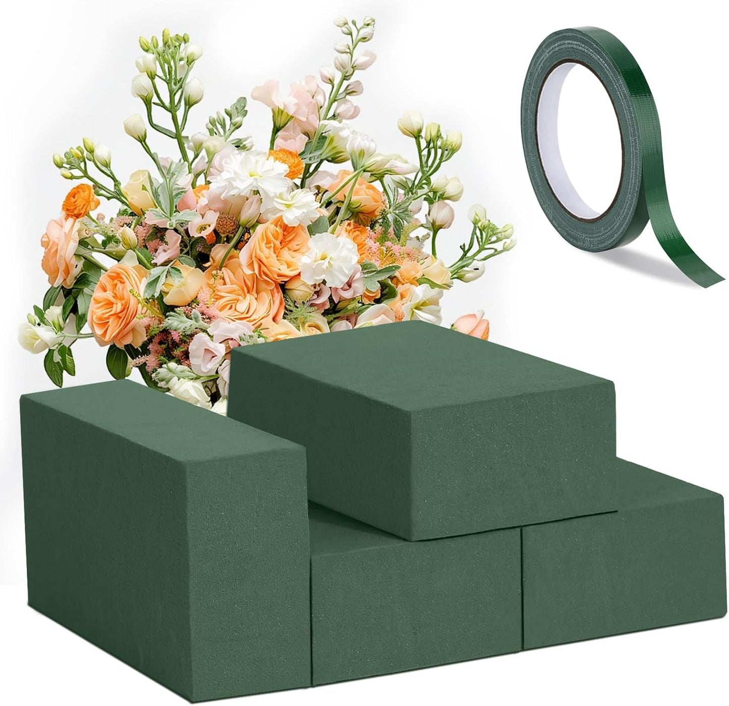 MAPVOLUT Premium Floral Foam Blocks (4 Pack 5.5"x3.1"x1.7") & Waterproof Floral Tape (65ft) - Fast Soak Oasis Foam for Fresh & Fake Flowers, DIY Wedding Centerpieces, Bouquets, Home Decor Crafts