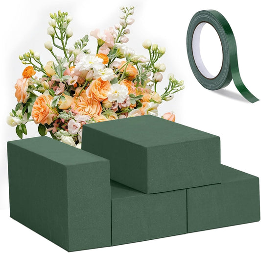 MAPVOLUT Premium Floral Foam Blocks (4 Pack 5.5"x3.1"x1.7") & Waterproof Floral Tape (65ft) - Fast Soak Oasis Foam for Fresh & Fake Flowers, DIY Wedding Centerpieces, Bouquets, Home Decor Crafts