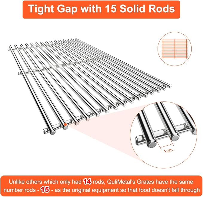 QuliMetal 66089 Grill Grates for Weber Genesis 2 E-410/E-415/E-435, Grill Parts for Weber GS4 Genesis II/LX E-440 Series Gas Grills, 18.7" SUS304 Stainless Steel Replacements for Weber 66089 66097