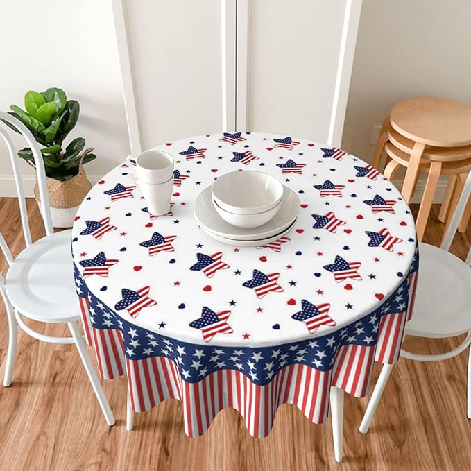 American Flag Round Tablecloth 4th of July American Flag 60 Inch Waterproof Rustic Table Cloth Fabric Farmhouse Stripe Tablecloth Decorative for Picnic Party Holiday Home Indoor Outdoor