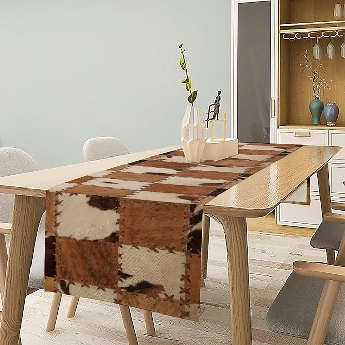 Cowhide Animal Table Runner, Vintage Western Cowboy Patchwork Fur Table Runner for Kitchen Farmhouse Dining Home Banquet Party 13x108in