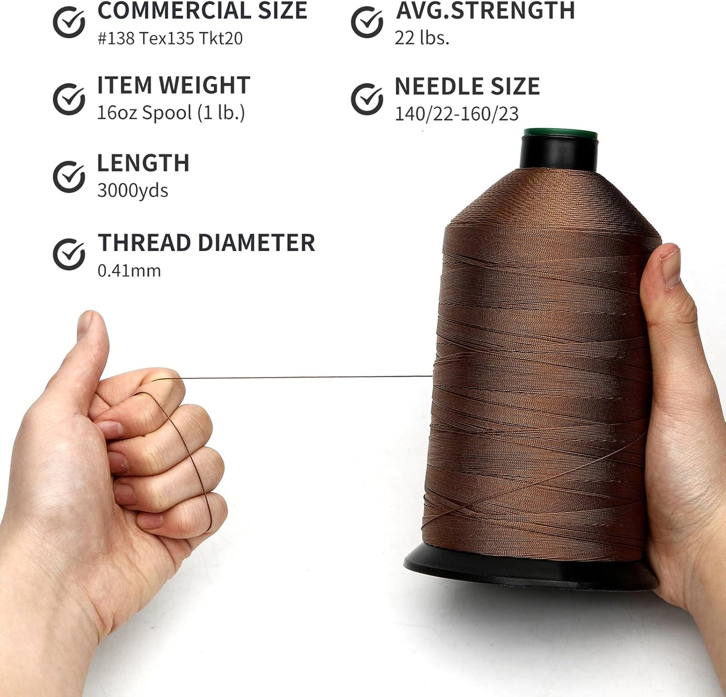 Extra Strong Bonded Nylon Thread #138 Tex135 – 16 OZ, 3000yds, Versatile Stitching Solution for Leather, Upholstery, Canvas Repair and More (Tawny Brown)