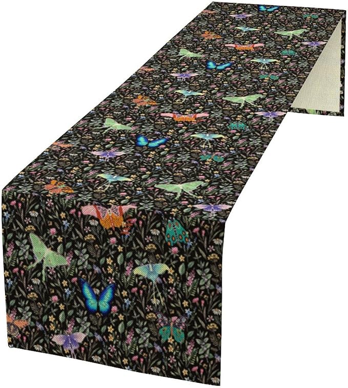 Boho Wildflower Moth Table Runner,Bohemian Floral Colorful Butterfly Print Table Runner for Kitchen Dining Table Holiday Indoor Outdoor Home Party Decor 13x90in