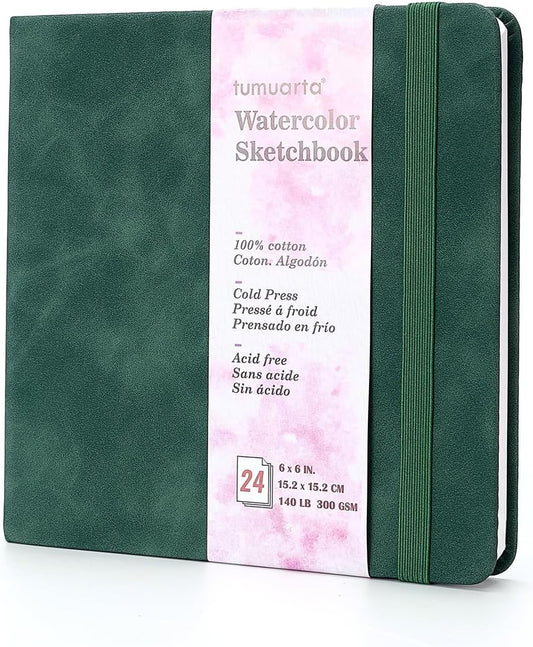 tumuarta Square 100% Cotton Watercolor - Sketchbook, 6x6 in, 140 LB, 300GSM, Cold Press, Acid Free, 24 Sheets,48 Pages, Watercolor Journal for Use As Travel Notebook and Mixed Media Pad On The Go