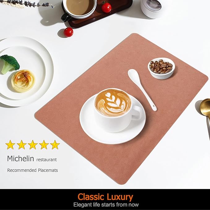 Vinyl Placemats Set of 4 Faux Leather 100% Waterproof Wipeable Washable Place Mats Heat Resistant Easy Clean Non-Slip Table Mats for Indoor Outdoor. (4, Coral)