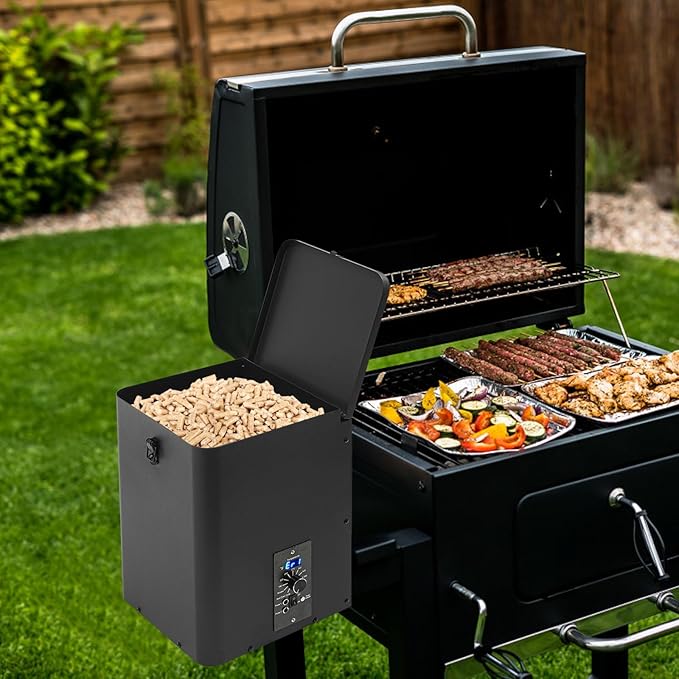 Electric Wood Pellet Smoker Grill Part, 250W 180℉ -500℉ Vertical Pellet Smoker Hopper Assembly Kit with Dual-Functional Wind Mechanism and LED Visual Feedback Screen