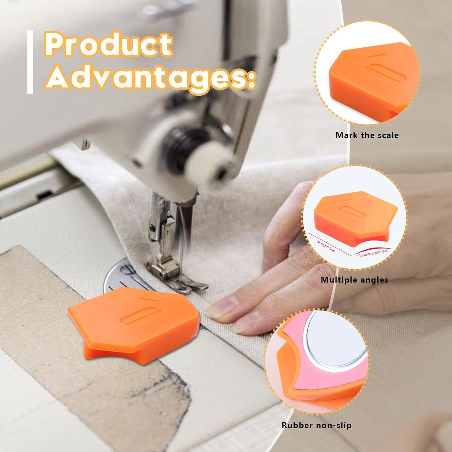 Pcmursal 4 Pieces Magnetic Seam Guide for Sewing Machine, Upgraded Multi-Purpose Tool Polygonal Magnetic Seam Guide with Scale, Sewing Supplies and Accessories (Orange)