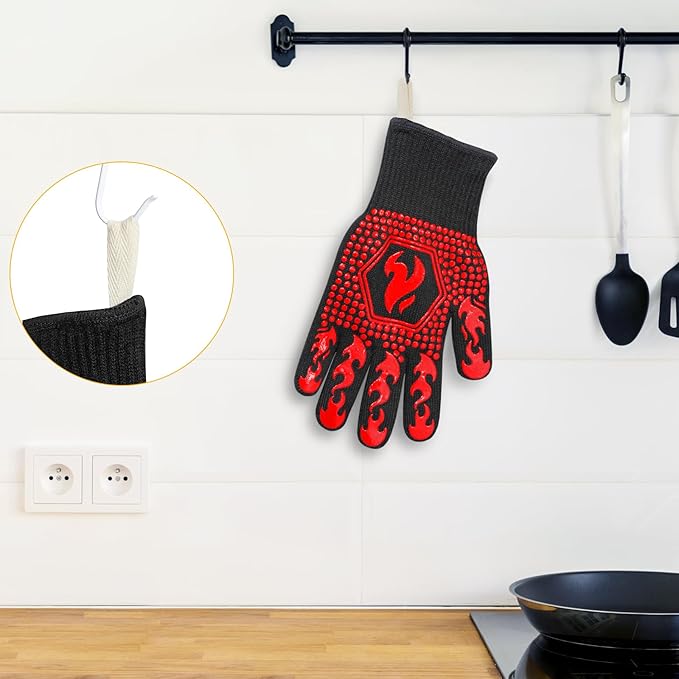 QUWIN BBQ Gloves, BBQ Accessories 1472℉ Extreme Heat Resistant, Grilling Gloves Silicone Non-Slip Oven Mitts, Kitchen Gloves for BBQ, Grilling, Cooking, Baking-1 Pair… (One Size Fits Most, Red)