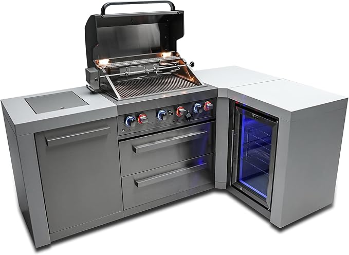 Mont Alpi MAi400-D90FC 32-Inch 4-Burner 78000 BTU 90 Degree Corner Stainless Steel Gas Outdoor Kitchen Barbecue Island Grill + Infrared Side Burner + Wine Cooler Beverage Center Compact Refrigerator