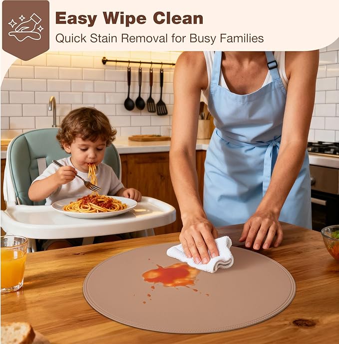 Round Vinyl Pink Placemats Set of 6, Faux Leather Waterproof Wipeable Heat Resistant Place Mats, Washable Table Mats for Halloween, Thanksgiving & Christmas Dinner(Pink)