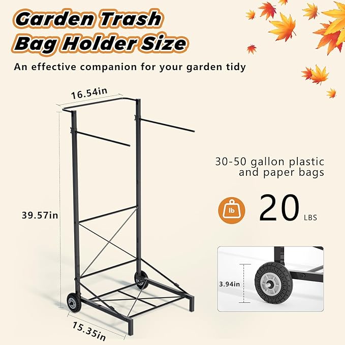 Natheeph Trash Bag Holder - Heavy Duty Metal Outdoor Leaf Bag Holder with Wheel, Adjustable Yard Waste Bag Cart Fits 30-55 Gallon Garbage Bags, Foldable Garden Leaf Bags Stand for Yard Work