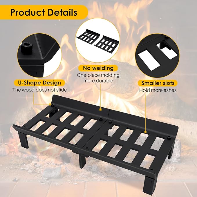 STBoo Fireplace Grate 20inch - Wood Stove Grates Heavy Duty | Fireplace Log Holder | Firewood Log Burning Wrought Iron Rack | Fire Pit Tray for Indoor Chimney Hearth & Outdoor Kindling Tool