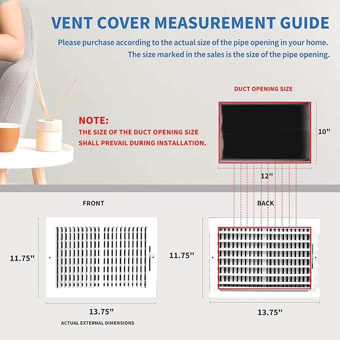 12x10 Vent Register [Duct Opening], Vent Covers for Home Ceiling, Two-Way Ventilation Register, Adjustable Solid Steel Wall Register Vent Cover (12"W x 10"H [Duct Opening])