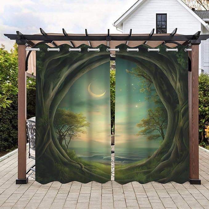 Forest Theme Waterproof Outdoor Curtains for Patio,Trees Moon Lake Pattern,Privacy Weatherproof Grommet Outside Curtains for Porch, Pergola, Cabana,2 Panels,W36 x L84,Green