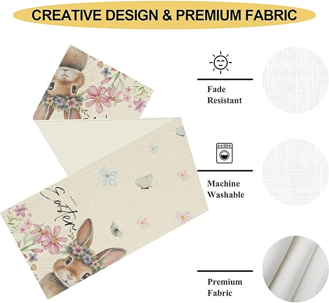 Easter Table Runner,Boho Floral Bunny Rabbit Butterflies Pink Blue Spring Easter Table Center Decor for Family Kitchen and Living Room Outdoor Farmhouse Party Table Decorations, 13"x36"