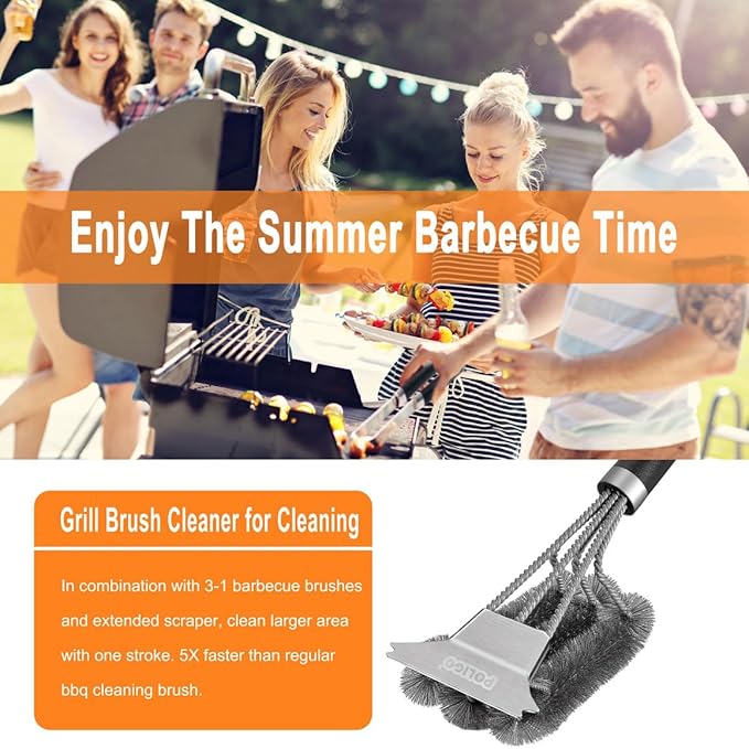 POLIGO Safe Grill Brush and Scraper with Deluxe Handle - 18" Grill Cleaner Brush Stainless Steel Bristle Grill Brush for Outdoor Grill Wizard Grate - BBQ Brush for Grill Cleaning Ideal Grilling Gifts
