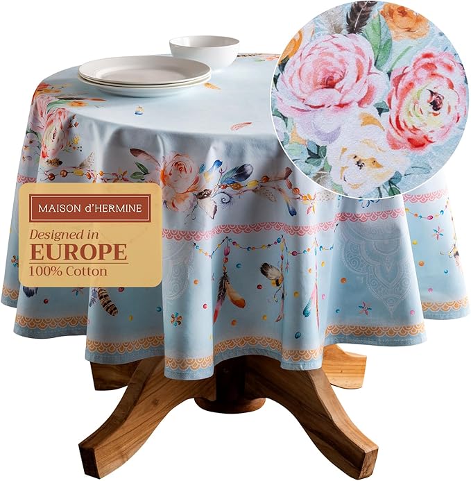 Maison d' Hermine Table Cloth Round Table 100% Cotton 69 Inches Tablecloth Reusable Decorative Everyday Use for Dining Room, Farmhouse, Home, Party, Festive & Wedding Spring Summer - Ibiza