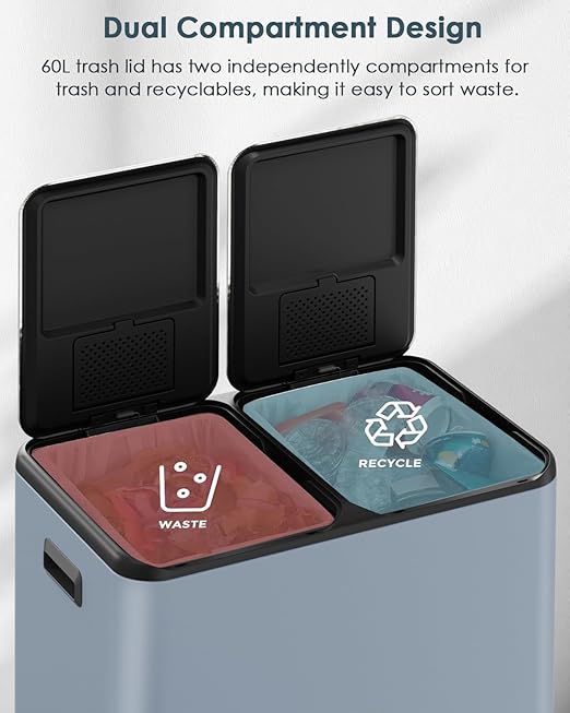 Arlopu 16Gal Dual Trash Can w/2 Built-in Box for Odor Control, Hands-Free Kitchen Garbage Bin, Recycle Waste Dustbin, Soft-Close Lid, 2 Buckets,Foot Pedal, Side Handle, Airtight,for Home (Haze Blue)