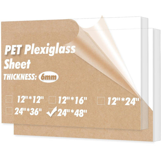 Art3d (2 Pack) 1/4" Thick Plexiglass Sheets - 48" x 24" PET Clear Acrylic Sheets for Art Design，Craft Projects, Signs, DIY in Home, Wedding, Festival,Party,Office