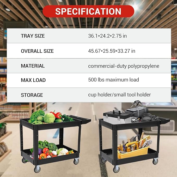 Utility Service Cart with Wheels and Two Trays, Service Cart 2-Shelf 500lbs, Rolling Utility Cart for Warehouse/Garage/Cleaning/Manufacturing, 2 Tier Heavy Duty Uline Tool Cart, 45"X25", Gray