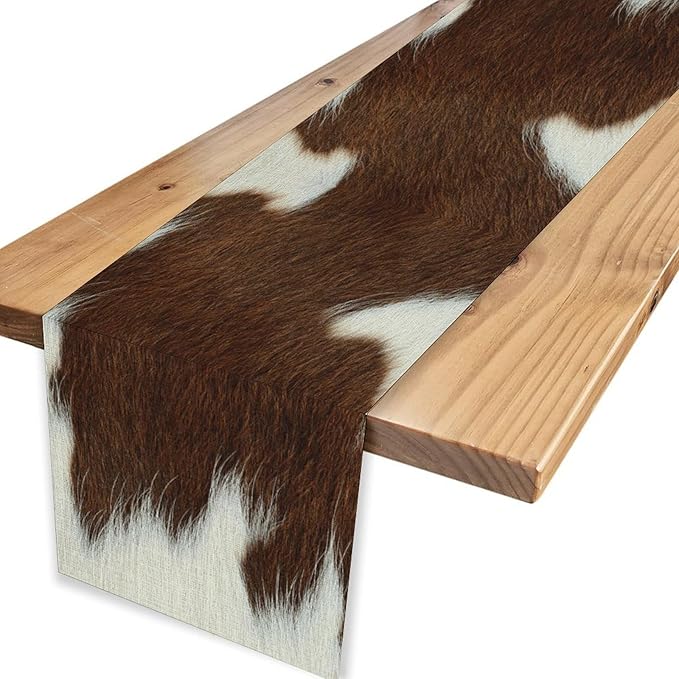 Cow Print Table Runner, Brown Cowhide Print Western Style Table Runner Country Farmhouse Cottage Cow Pattern Linen Table Decoration for Home Kitchen Dining 13x36