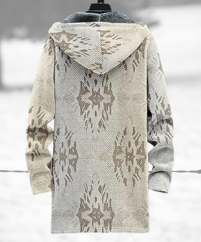 Men's Hooded Sweater Coat Knit Fleece Lined Long Cardigan Jacket with Zip Front Pocket Vintage Casual Zip Up