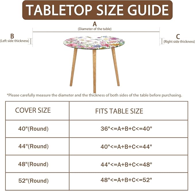 Spring Summer Floral Round Fitted Tablecloth with Elastic Wildflower Dragonfly Circle Table Cloth for 44-48" Tables Farmhouse Easter Flowers Stretch Waterproof Table Cover for Picnic Outdoor Dining