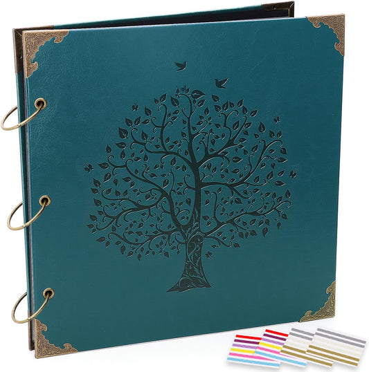 Photo Album DIY Scrapbook, 10x10 inch 50 Pages Vintage Leather Cover Three-Ring Binder Family Picture Booth Albums with 408pcs Self Adhesive Photos Corners for Memory Keep, Tree (Jasper Green)