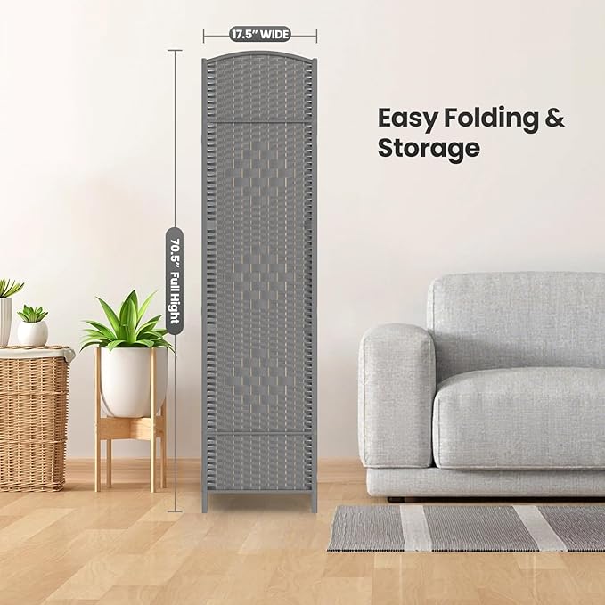 Folding Room Divider, Weave Fiber Privacy Screen, Extra Wide Room Screen Divider Separator, Decorative Separation Wall Divider, Freestanding Room (Grey, 6-Panel)