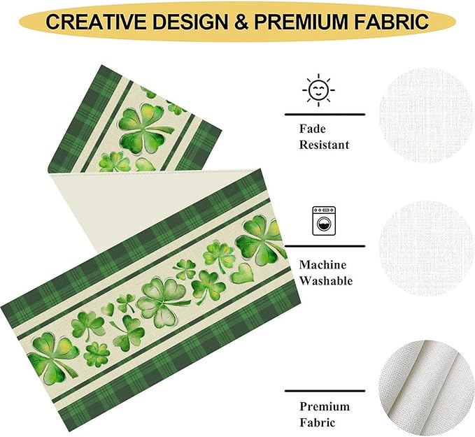 St.Patrick's Day Table Runner,Vinatge Rustic Green Buffalo Plaid White Shamrock Watercolor Table Center Decor for Home Kitchen Dining Patio Holiday Party Indoor Table Decorations, 13"x36"