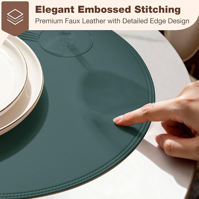Round Vinyl Blue Placemats Set of 6, Faux Leather Waterproof Wipeable Heat Resistant Place Mats, Washable Table Mats for Halloween, Thanksgiving & Christmas Dinner(Light Blue)