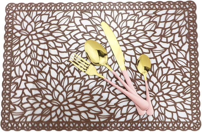 Gugrida Plastic Brown Placemats for Dining Table Tablemats Vinyl PVC Table Mats for Kitchen 6pcs(Brown, Placemats 6pcs)