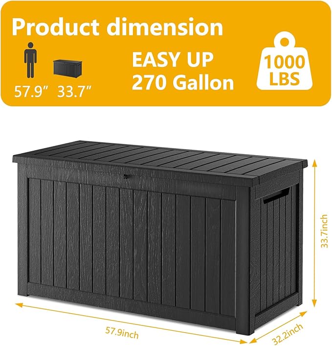 270 Gallon Deck Box, Resin Outdoor Indoor Waterproof Storage Box, Lockable Storage Box With Handle for Patio Furniture - Garden Tools - Swimming Pool Tools UV Resistant, Black