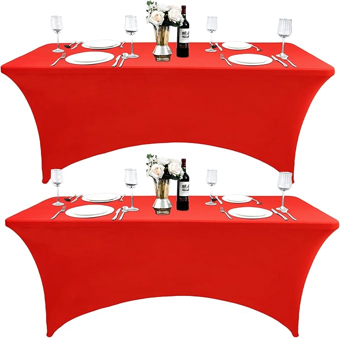 2-Pack 8ft Red Spandex Table Covers for Rectangle Folding Tables - Washable Elastic Tablecloth - Ultimate Fitted Table Protector for Birthday Parties, Trade Shows, Banquet