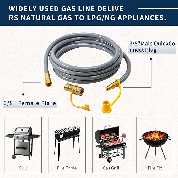 ABYDA 18 Feet 3/8" ID Natural Gas Grill Hose with Quick Connect Fittings, Ideal Natural Gas Line for Grills, Pizza Ovens, Heaters, and More Low Pressure Appliances